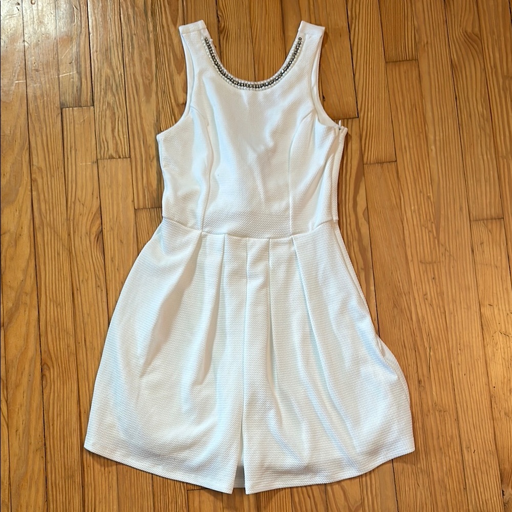 White Sleeveless Dress with Embellished Neckline